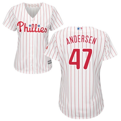 Phillies #47 Larry Andersen White(Red Strip) Home Women's Stitched MLB Jersey - Click Image to Close